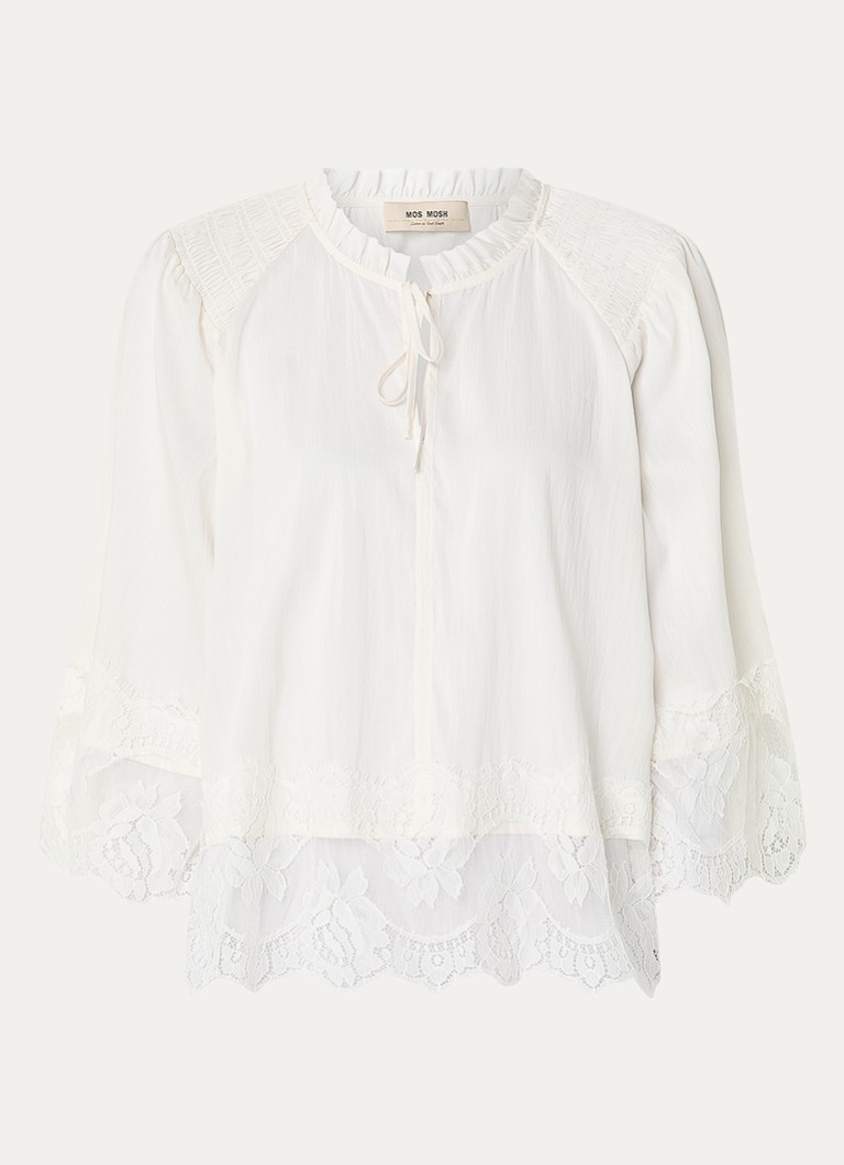 Mos Mosh Dames MMEisa Tess tuniek met strikkraag en details van kant in de kleur Gebroken wit