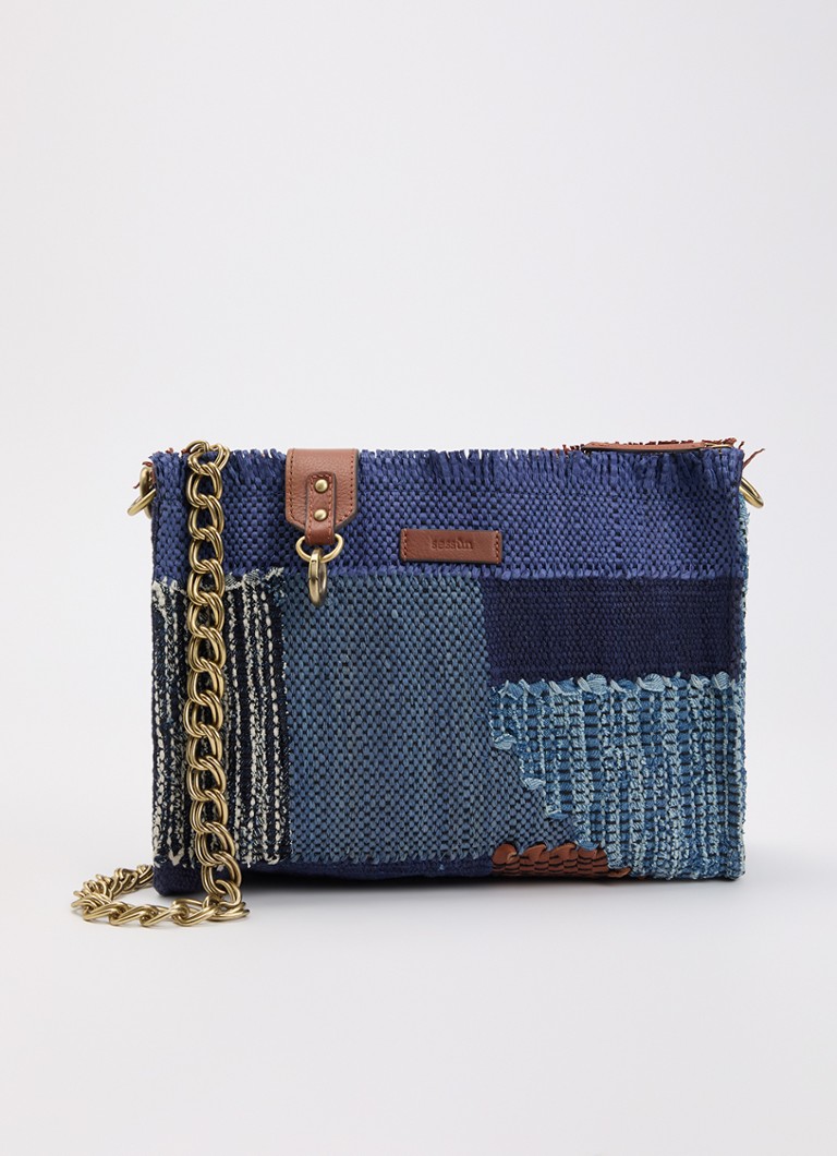 Sessùn Dames Farawa Blue schoudertas van raffia met details van leer in de kleur Denim