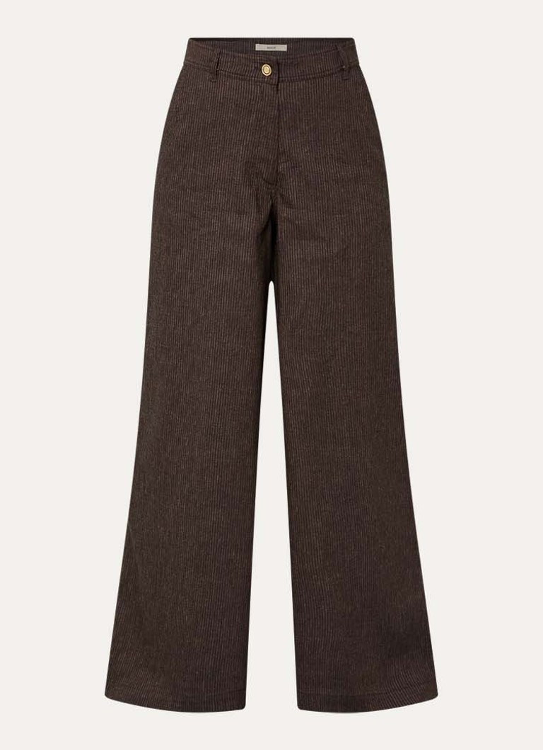 Sessùn Dames Dasum high waist wide fit pantalon in linnenblend met krijtstreep in de kleur Donkerbruin