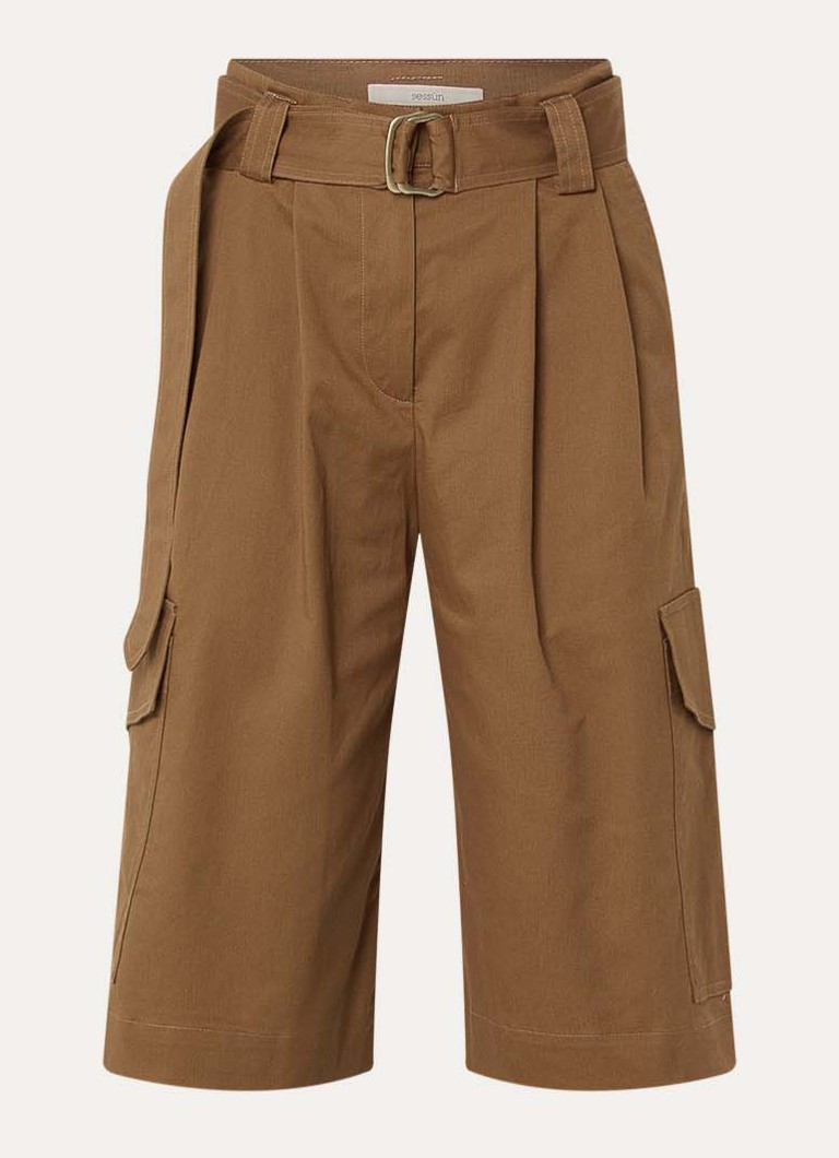 Sessùn Dames Marco high waist wide fit korte broek met steekzakken en ceintuur in de kleur Cognac