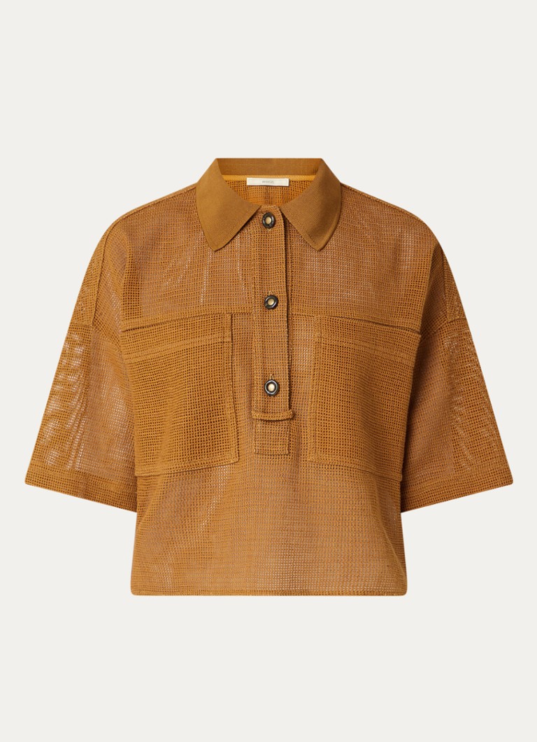Sessùn Dames Paulo polo in linnenblend met opengewerkt dessin in de kleur Cognac