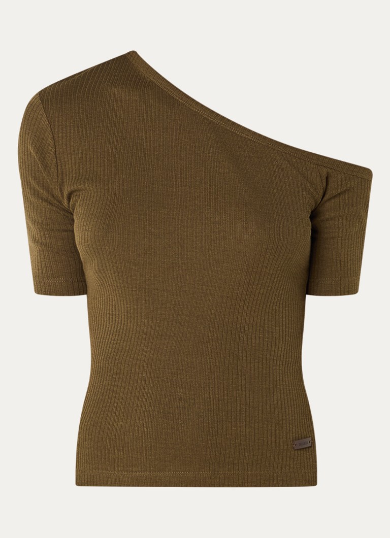 Sessùn Dames Soline ribgebreide top met asymmetrische hals in de kleur Brons