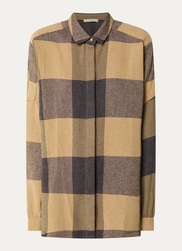 Sessùn Dames Deliwool blouse in wolblend met ruitdessin in de kleur Camel