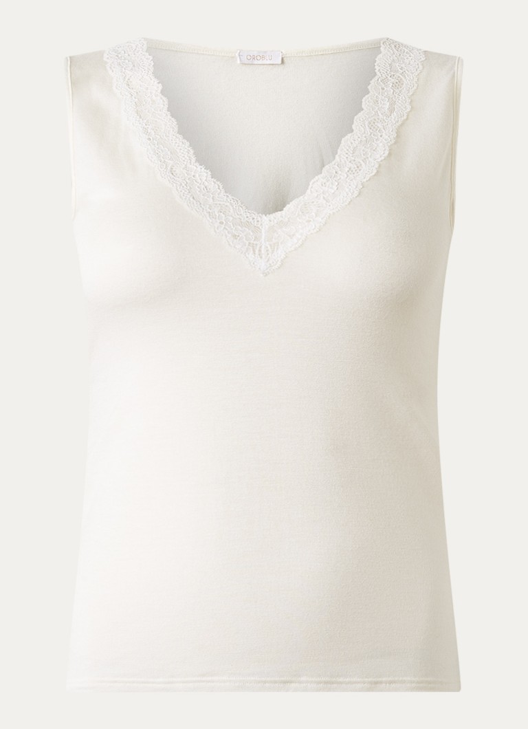 Oroblu Dames Pyjama top in kasjmierblend met details van kant in de kleur Gebroken wit, maat: XL