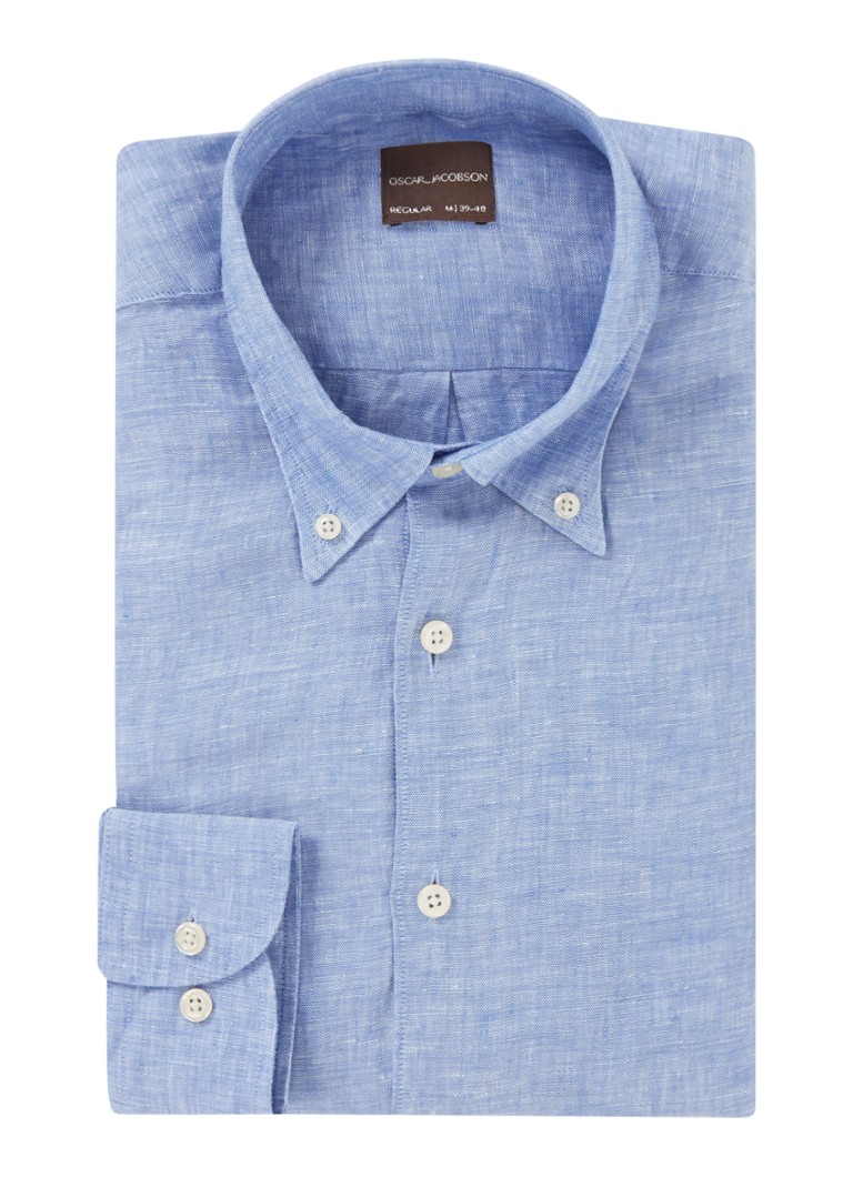 Oscar Jacobson Heren Regular fit overhemd van linnen met button down-kraag in de kleur Blauw, maat: XL