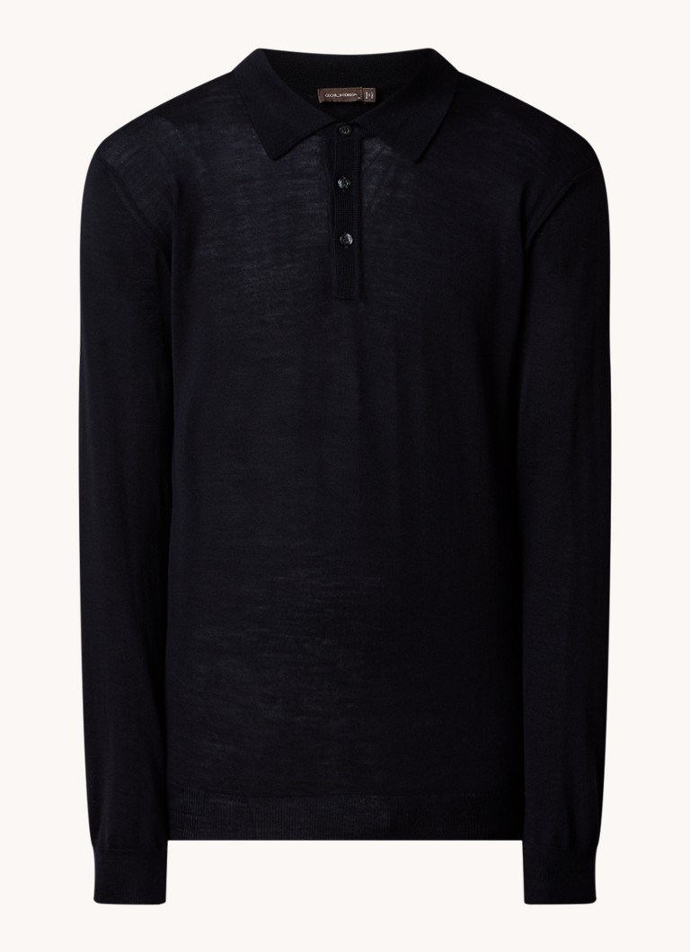 Oscar Jacobson Heren Melvin fijngebreide regular fit polo van wol in de kleur Donkerblauw, maat: S