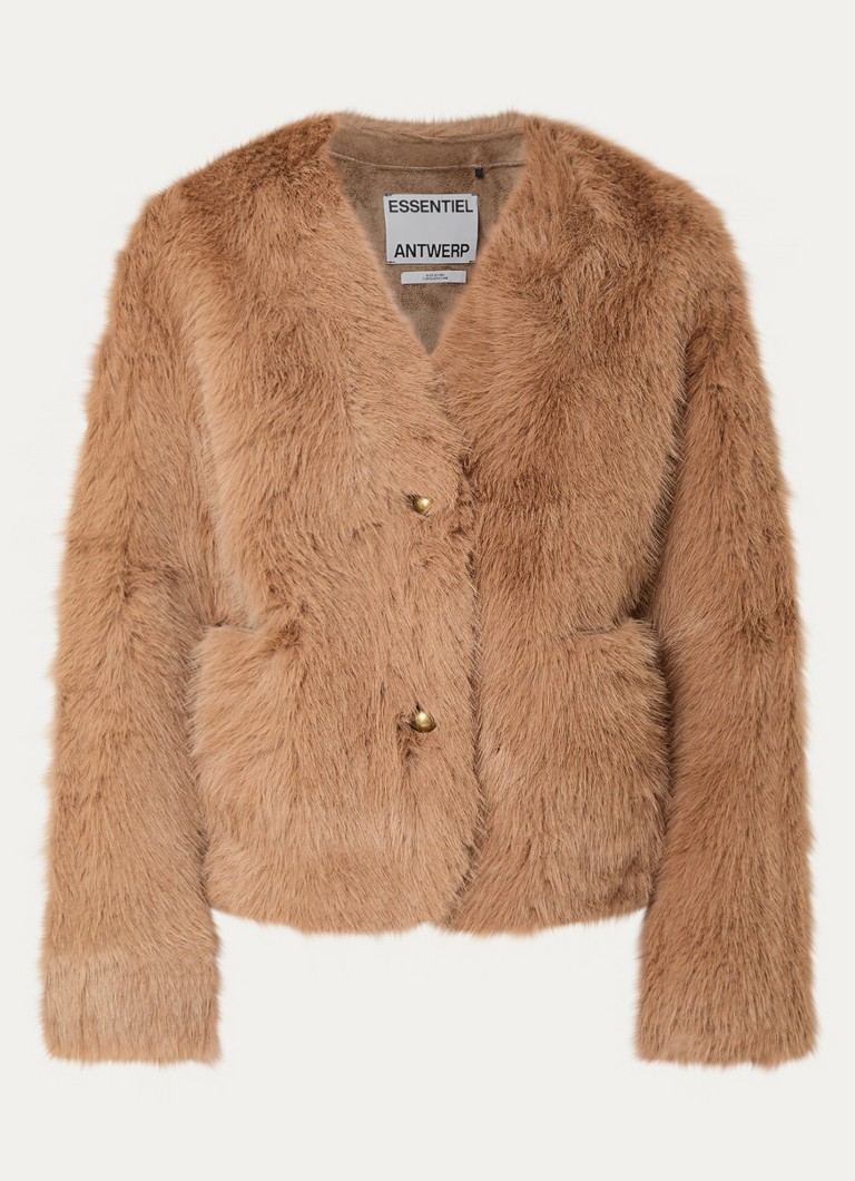 Essentiel Antwerp Dames Jack van imitatiebont met opgestikte zakken in de kleur Camel