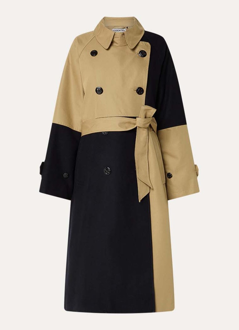Essentiel Antwerp Dames Just trenchcoat in wolblend met patchwork in de kleur Khaki