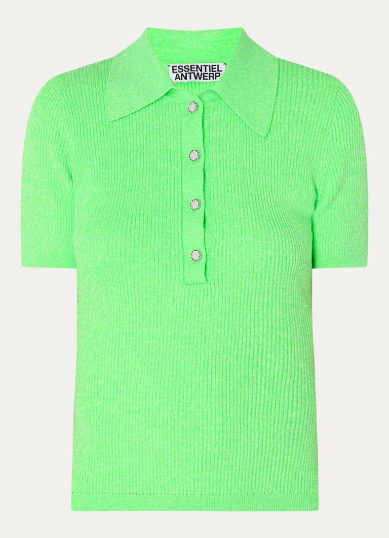 Essentiel Antwerp Dames Ribgebreide polo met gemêleerd dessin in de kleur Neongroen