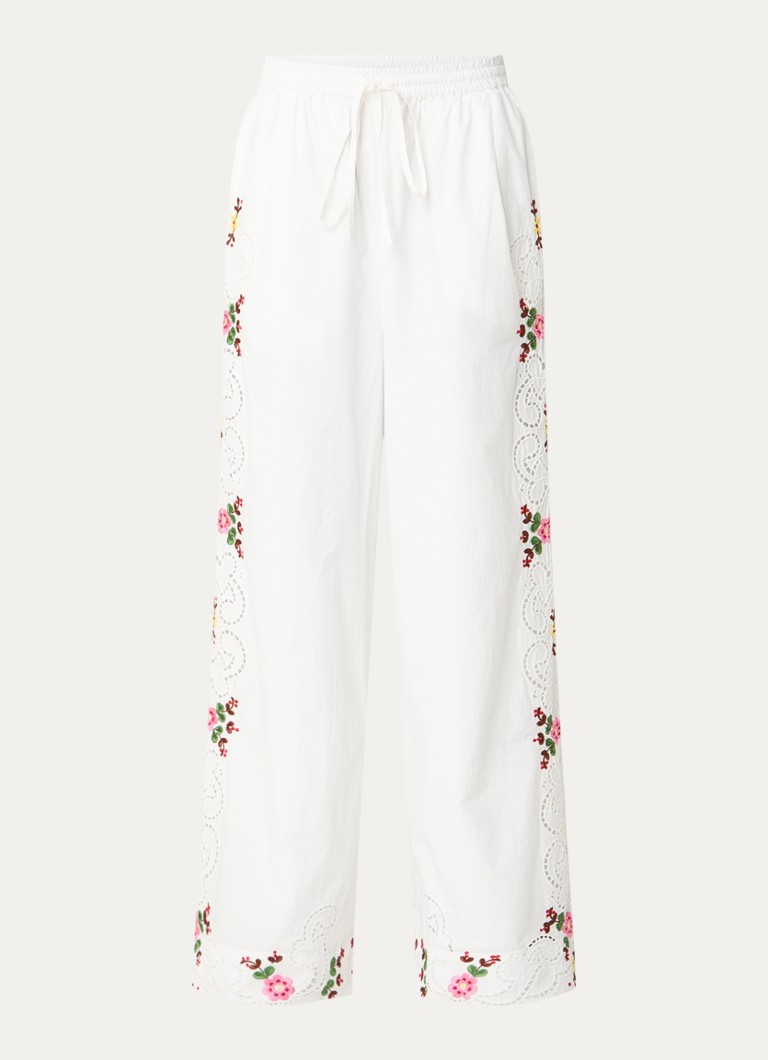Essentiel Antwerp Dames Janai high waist wide fit broek met bloemborduring in de kleur Wit