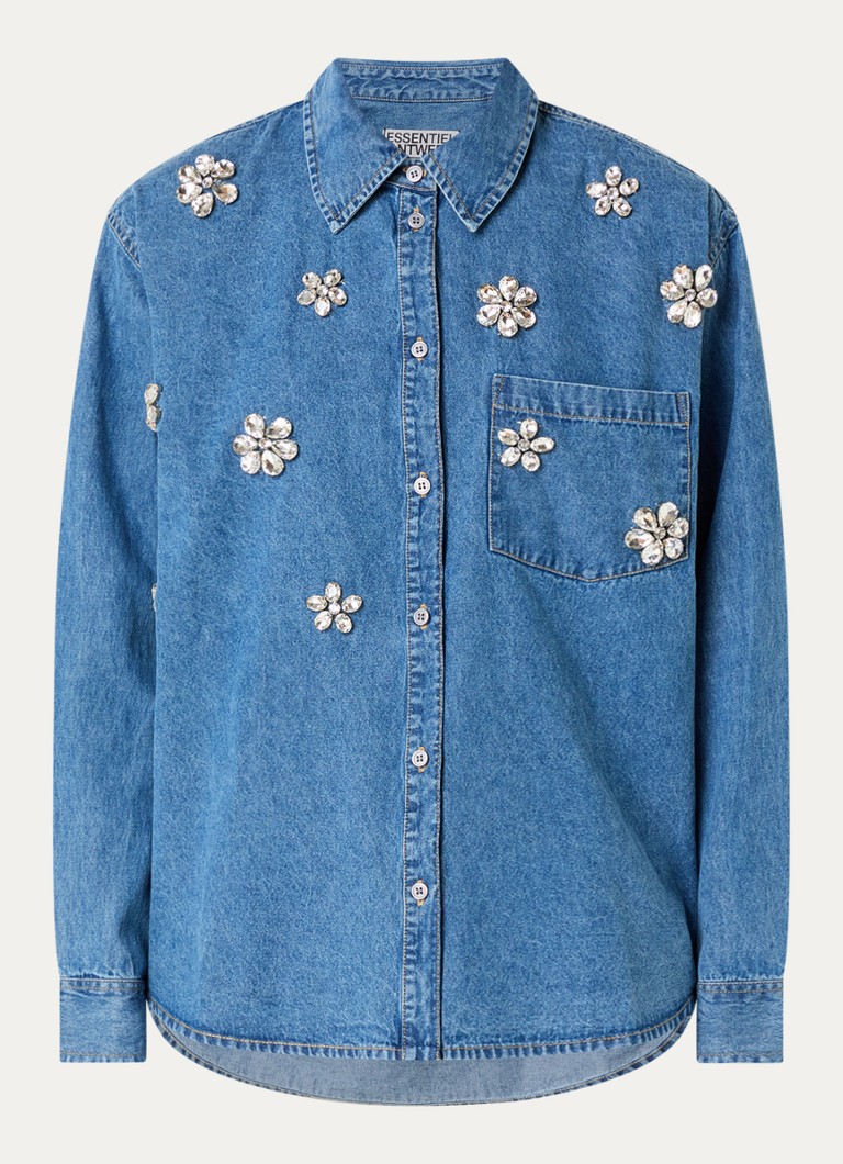 Essentiel Antwerp Dames Konnection Rhinestone blouse van denim met kralendecoratie in de kleur Indigo