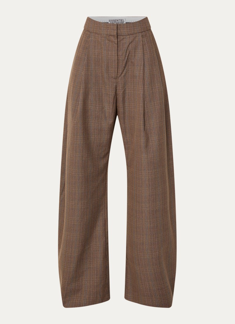 Essentiel Antwerp Dames Karoll2 low waist balloon fit pantalon in wolblend met ruitdessin in de kleur Hazelnootbruin