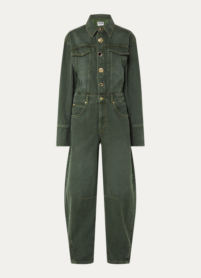 Essentiel Antwerp Dames Balloon fit jumpsuit van denim met gekleurde wassing en borstzakken in de kleur Olijfgroen