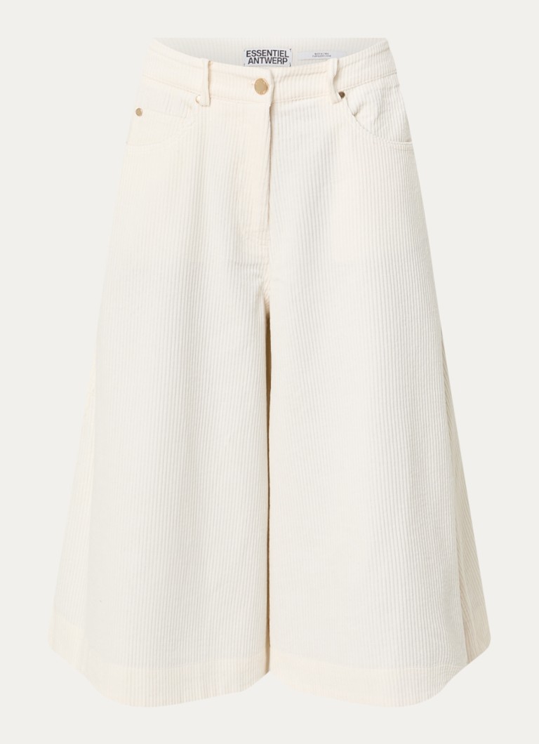 Essentiel Antwerp Dames Kigi mid waist wide fit culotte van corduroy met steekzakken in de kleur Gebroken wit