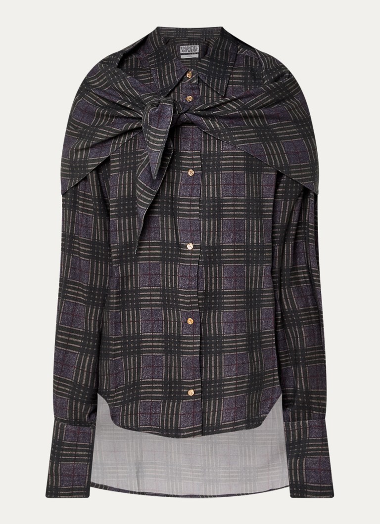 Essentiel Antwerp Dames Kiss blouse in wolblend met sjaal in ruitdessin in de kleur Olijfgroen