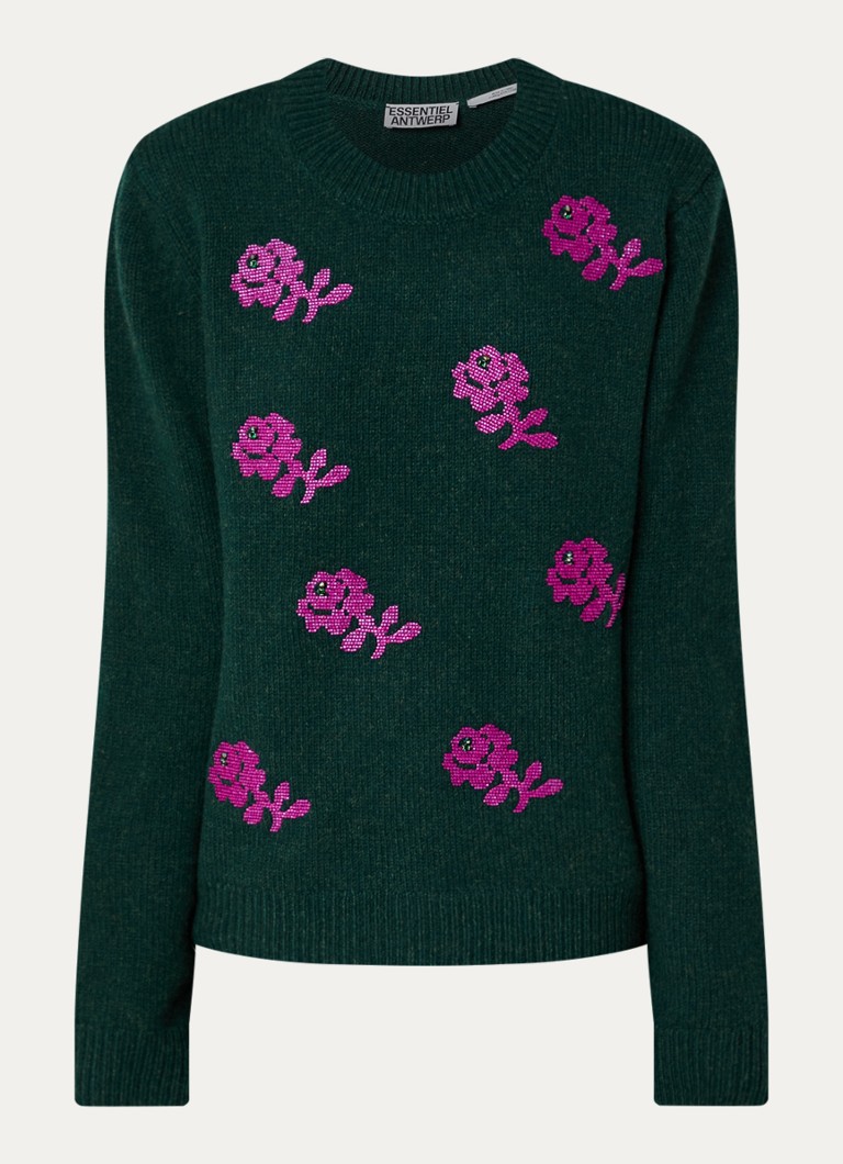 Essentiel Antwerp Dames Korine fijngebreide trui van wol met kralendecoratie in de kleur Zwart