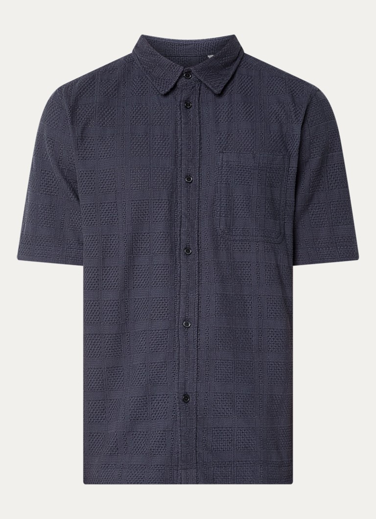 Les Deux Heren Charlie regular fit overhemd met opengewerkt dessin en borstzak in de kleur Donkerblauw, maat: S