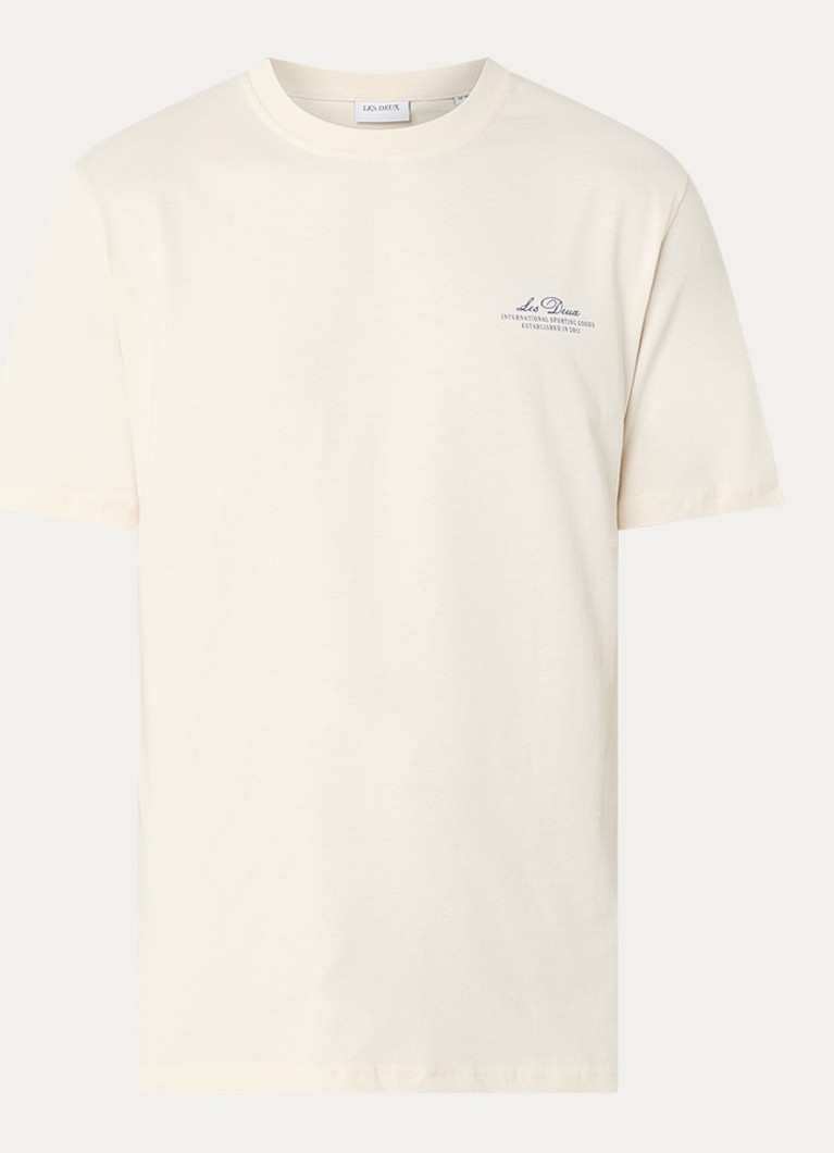 Les Deux Heren Ben Globe T-shirt met logo- en backprint in de kleur Creme, maat: S