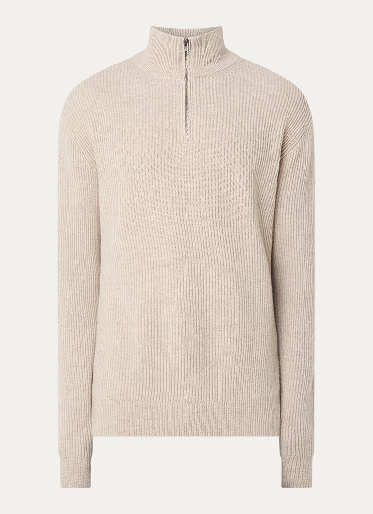 Les Deux Heren Eduard grofgebreide trui van wol met halve rits in de kleur Beige, maat: L