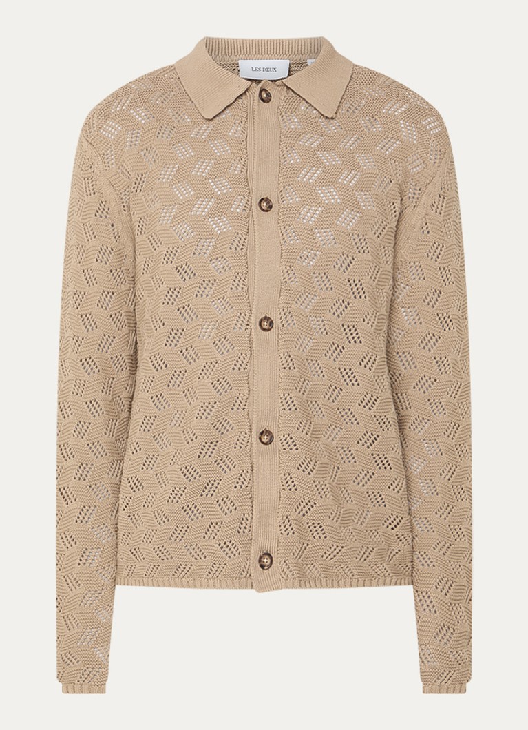 Les Deux Heren Eloi grofgebreid regular fit overhemd met opengewerkt dessin in de kleur Beige, maat: S
