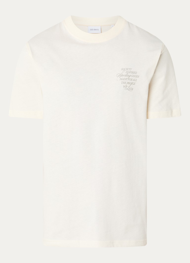 Les Deux Heren Ben T-shirt met logo- en backprint in de kleur Gebroken wit, maat: S