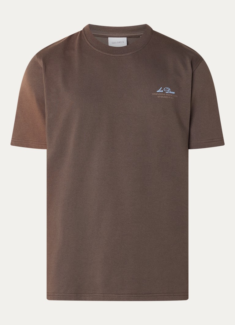 Les Deux Heren Ben Globe T-shirt met logo- en backprint in de kleur Donkerbruin, maat: S