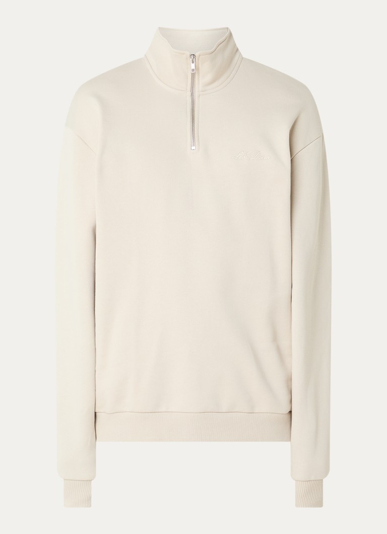 Les Deux Heren Sweater met halve rits en logoborduring in de kleur Creme, maat: M