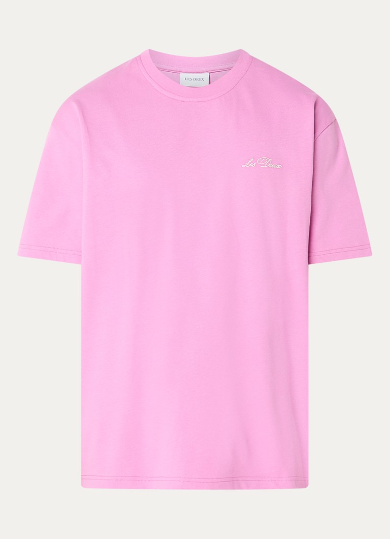 Les Deux Heren Crew T-shirt met logo in de kleur Roze, maat: S