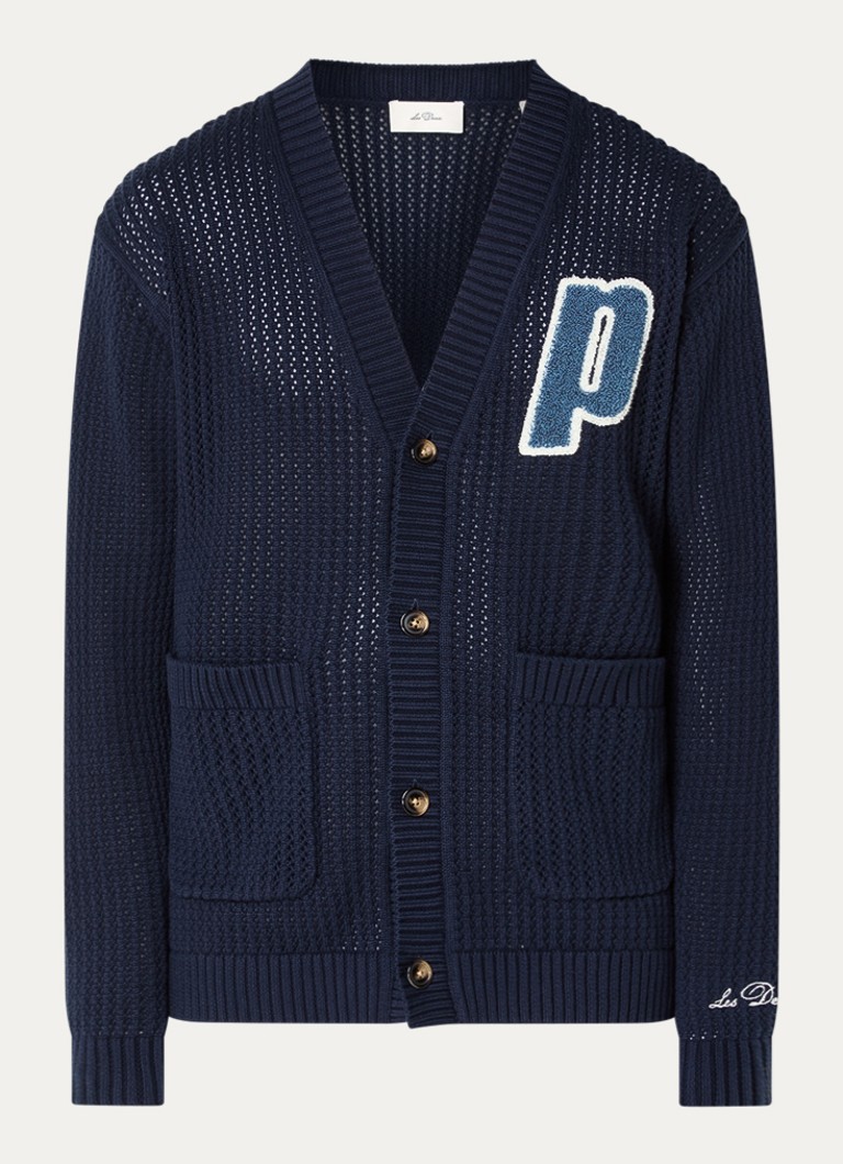 Les Deux Heren Grofgebreid vest met borduring in de kleur Donkerblauw, maat: M