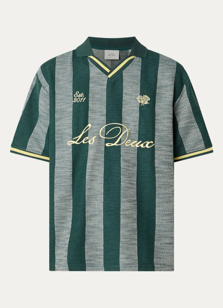 Les Deux Heren Stripe Football oversized fit polo met streepprint en borduring in de kleur Groen, maat: M