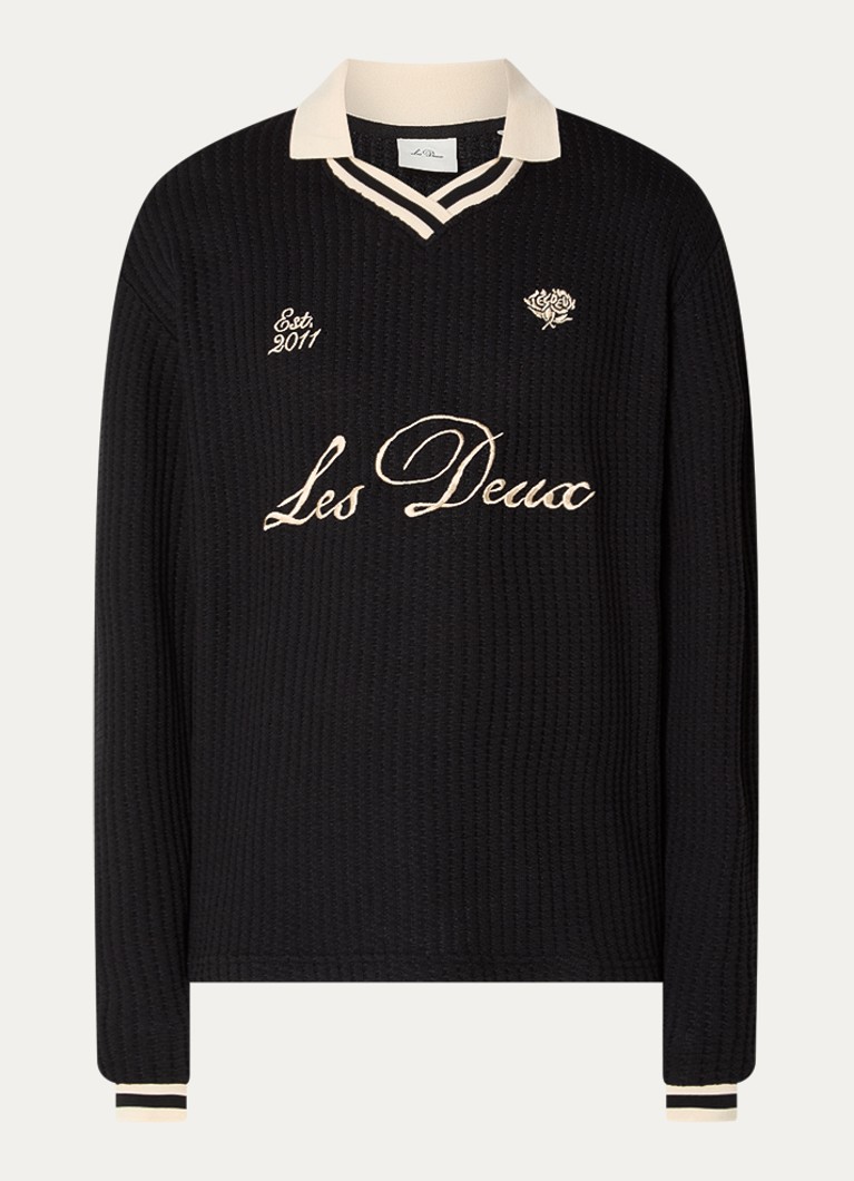 Les Deux Heren Fijngebreide pullover met logoborduring in de kleur Zwart, maat: M