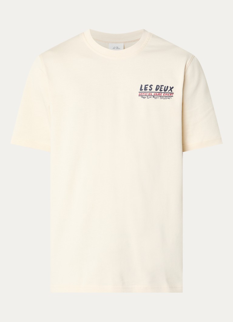 Les Deux Heren Record T-shirt met front- en backprint in de kleur Ivoor, maat: S