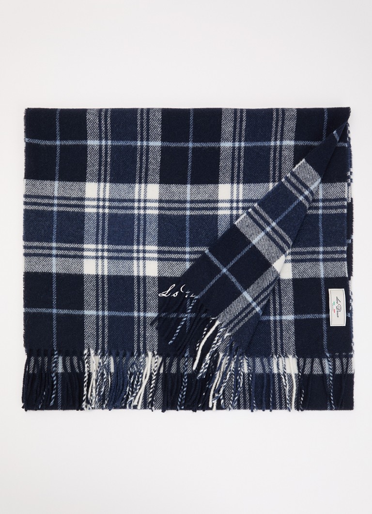 Les Deux Heren Sjaal in wolblend met ruitdessin en logoborduring 170 x 50 cm in de kleur Donkerblauw, maat: OS