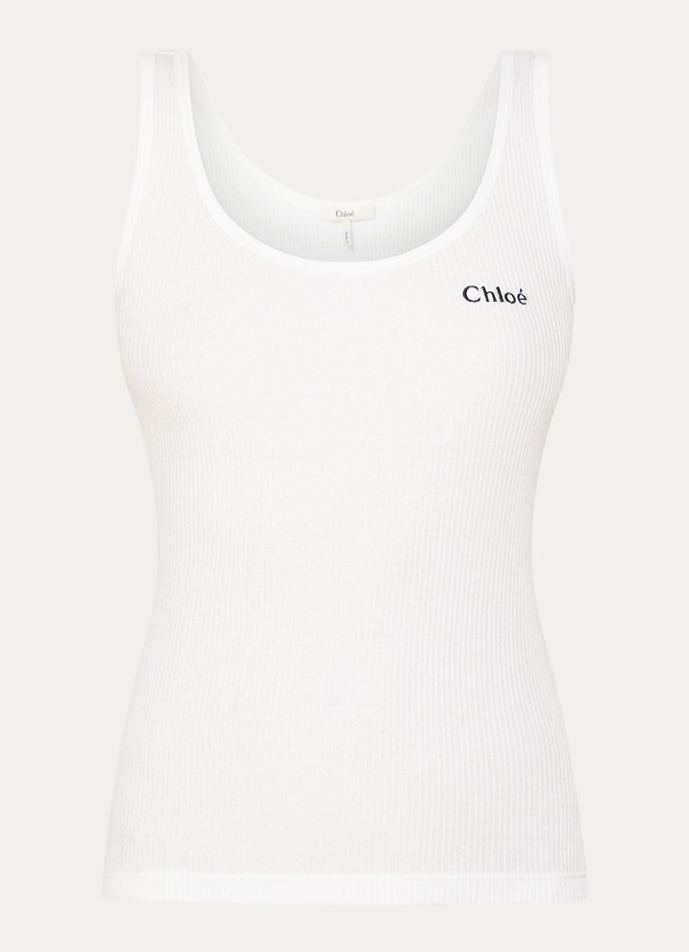 Chloé Dames Tanktop met ribstructuur en logoborduring in de kleur Wit, maat: S