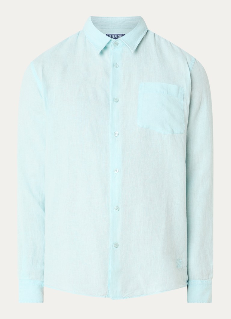 Vilebrequin Heren Regular fit overhemd van linnen met borstzak in de kleur Turquoise, maat: XL