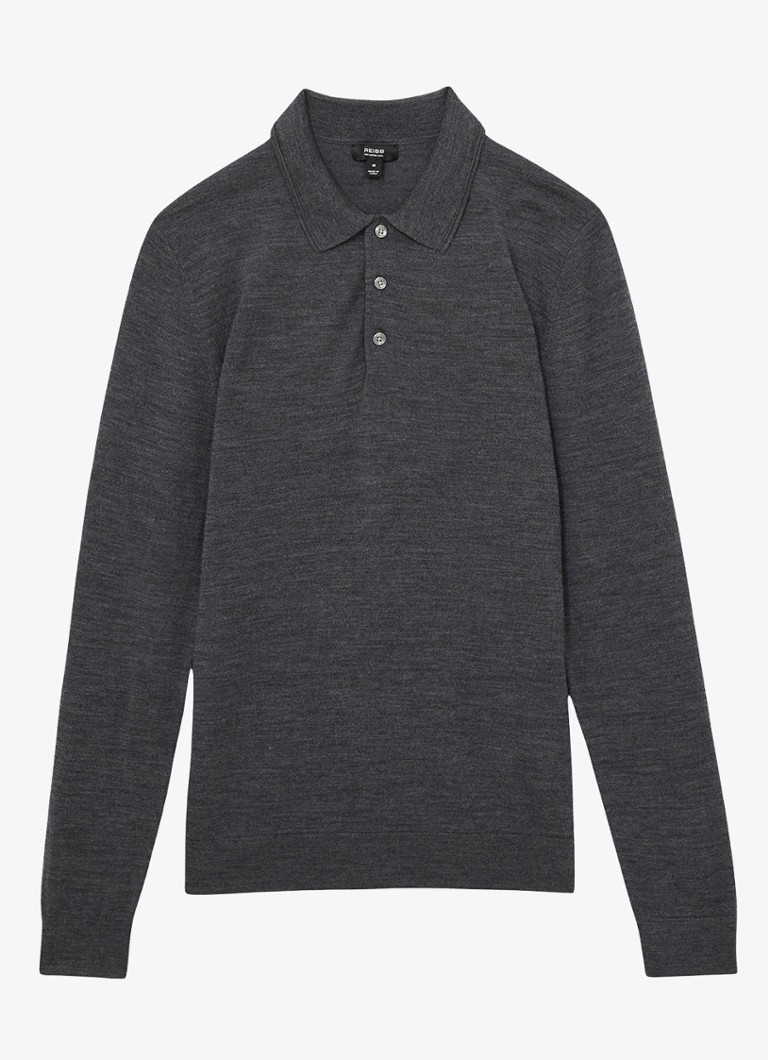Reiss Heren Trafford regular fit fijngebreide polo van merino wol in de kleur Donkergrijs