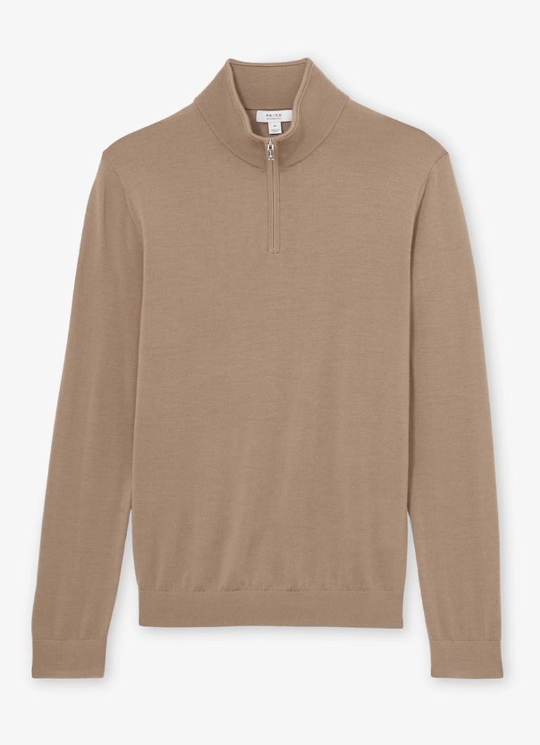 Reiss Heren Blackhall fijngebreide trui van wol met halve rits in de kleur Camel