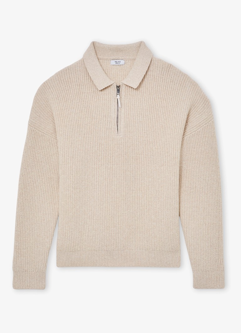 Reiss Heren Prop ribgebreide trui met halve rits in de kleur Beige