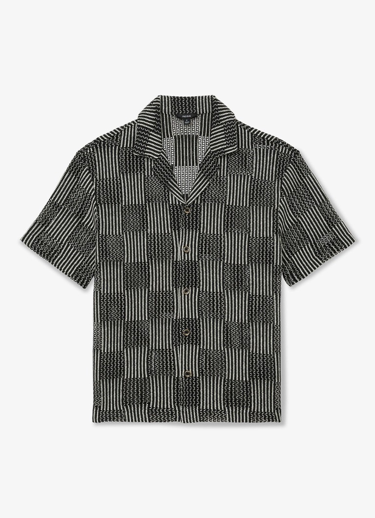 Reiss Heren CARLOS Checkerboard Crochet Cuban Collar Shirt in de kleur Black / Zwart