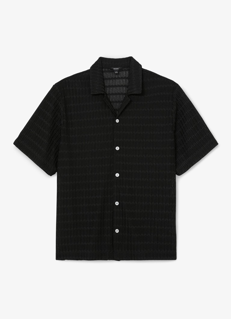 Reiss Heren SID Chevron-Crochet Cuban-Collar Shirt in de kleur Black / Zwart