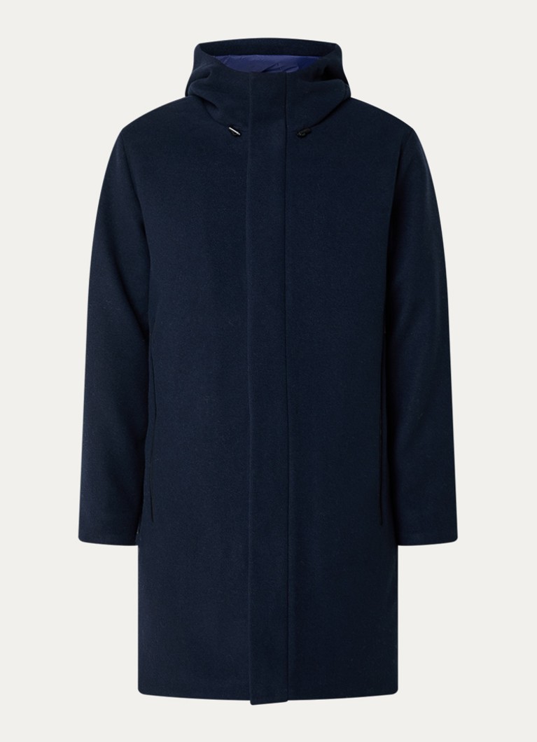 Armani Heren Gewatteerde mantel in wolblend met capuchon in de kleur Donkerblauw
