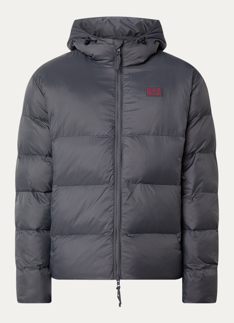 Armani Heren Puffer jack met logo- en backprint in de kleur Donkergrijs