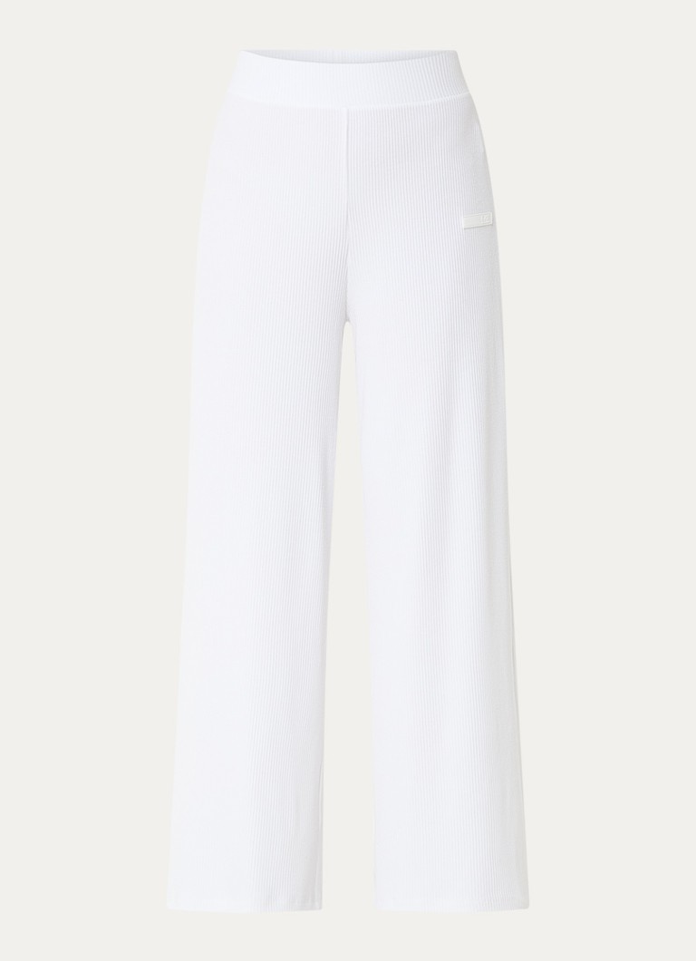 Armani Dames High waist wide fit broek met ribstructuur en logo in de kleur Wit
