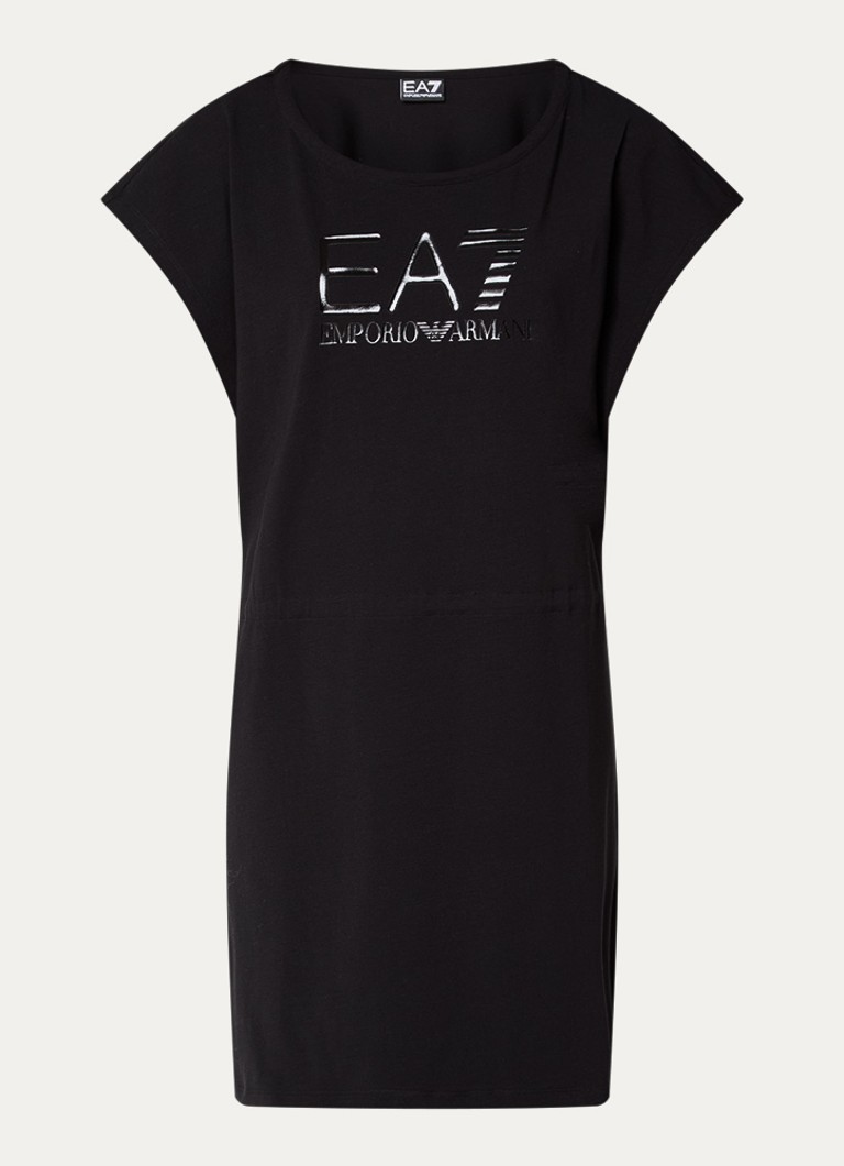 Armani Dames Mini T-shirt jurk met logoprint en trekkoord in de kleur Zwart
