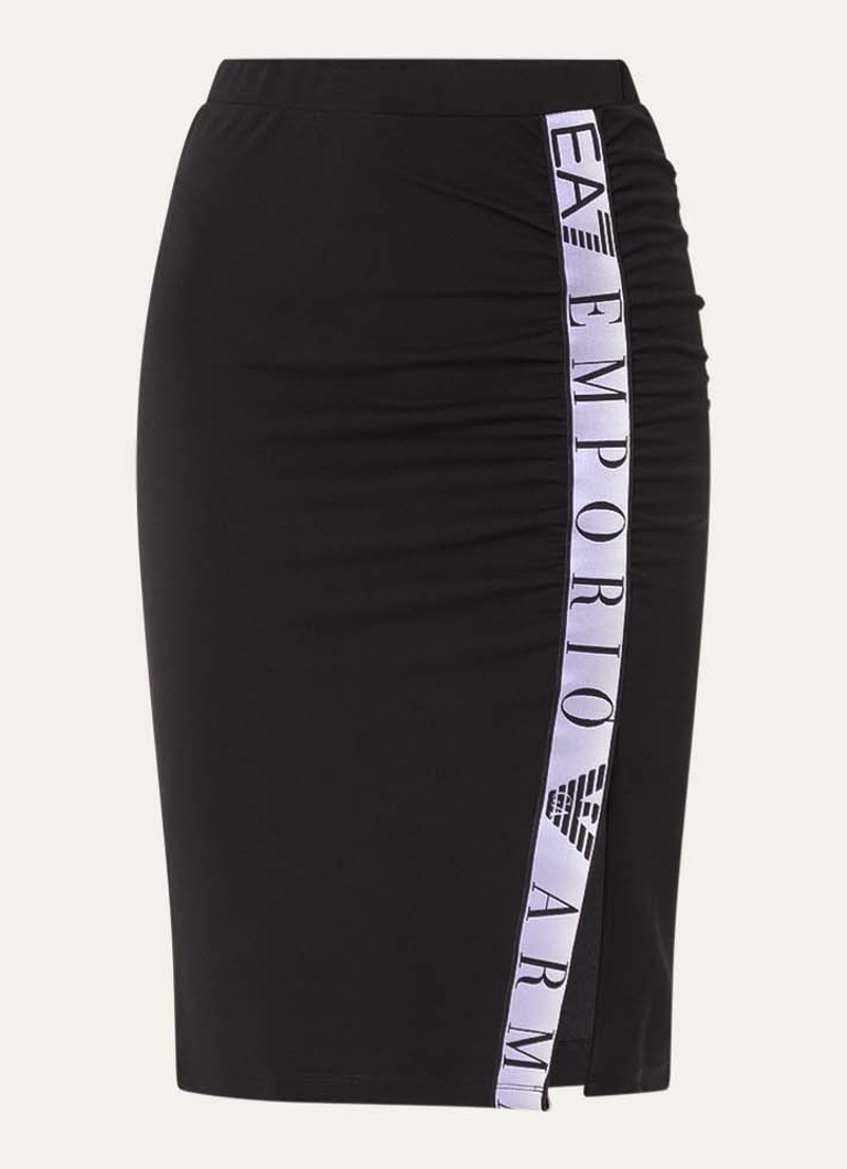Armani Dames Midi rok met logo en split in de kleur Zwart