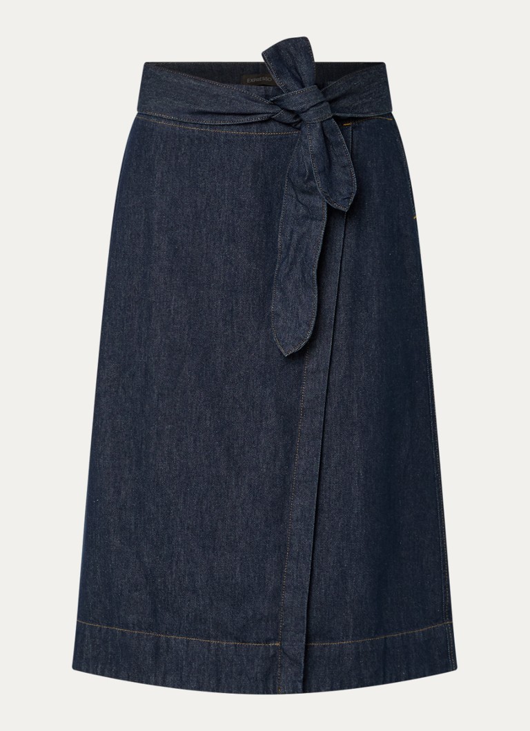 Expresso Dames Midi rok van denim met strikceintuur in de kleur Indigo