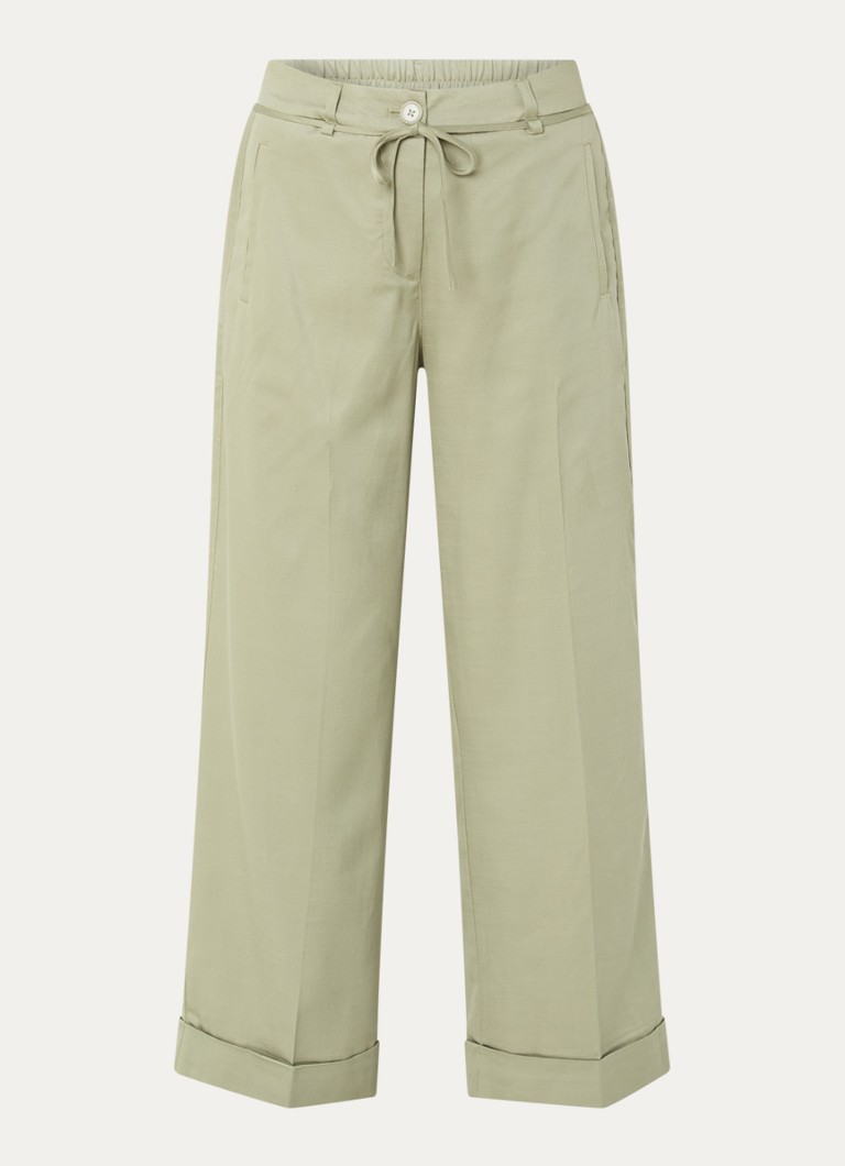 OPUS Dames Meeri high waist wide fit cropped pantalon met strikceintuur in de kleur Olijfgroen, maat: 34