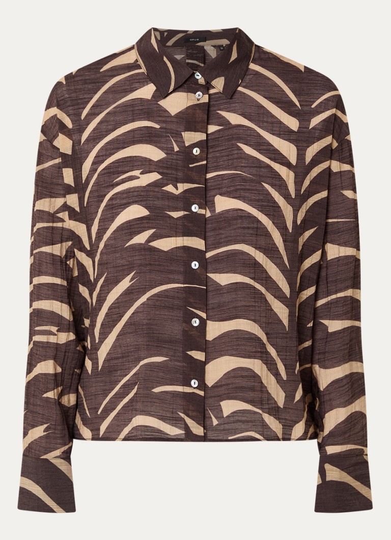 OPUS Dames Fadena Leaves semi-transparante blouse met bladprint in de kleur Bruin, maat: 36