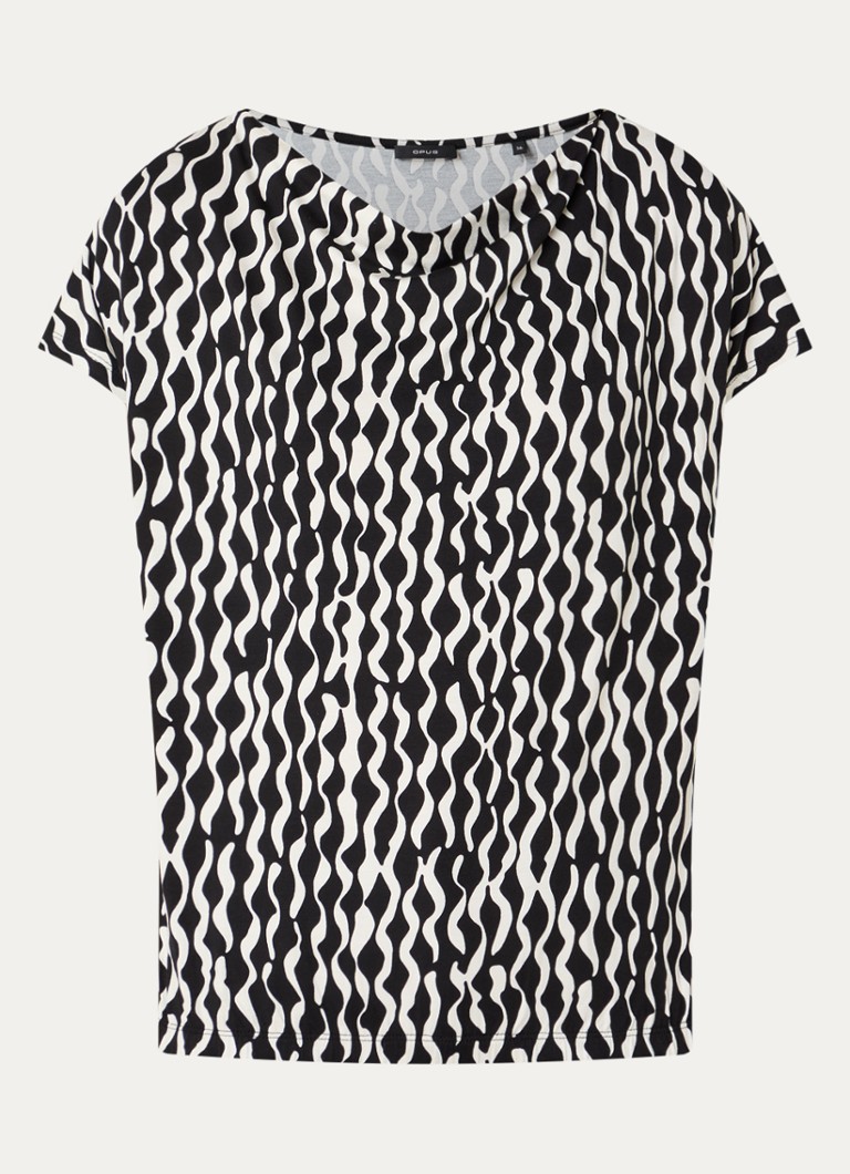 OPUS Dames Sapaya top met print en watervalhals in de kleur Zwart, maat: 38