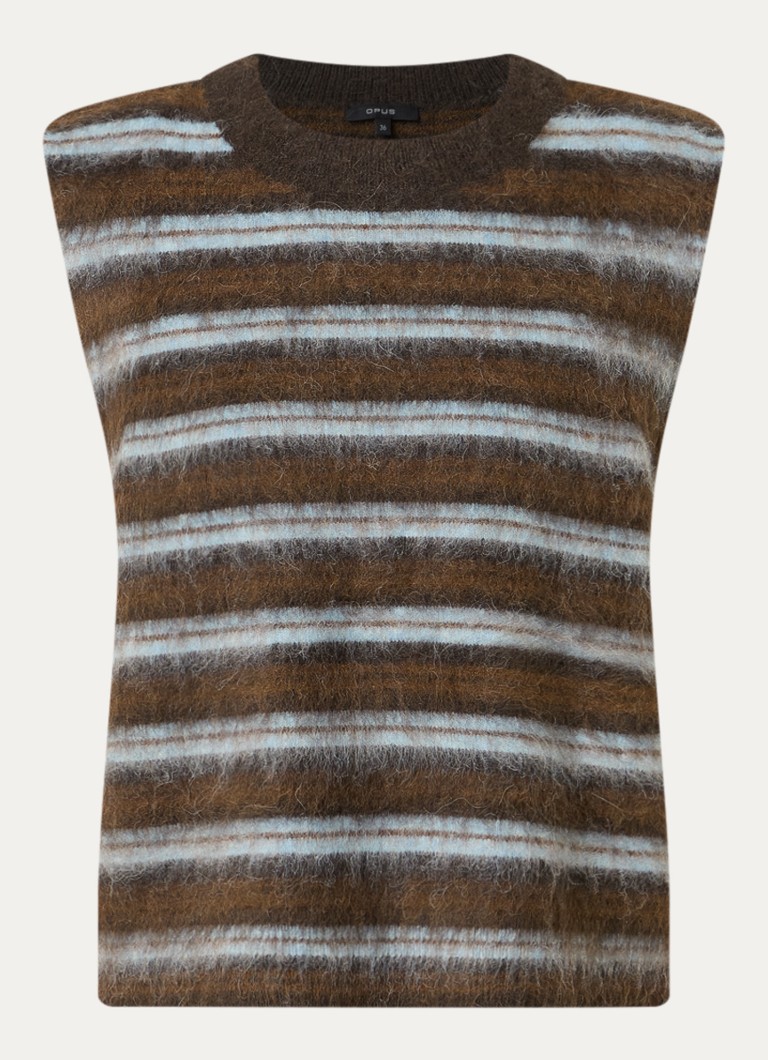 OPUS Dames Plema fijngebreide spencer in wolblend met streepprint in de kleur Bruin, maat: 42
